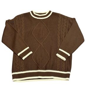 66Girls brown cable knit sweater diamond pattern womens LARGE oversized varsity